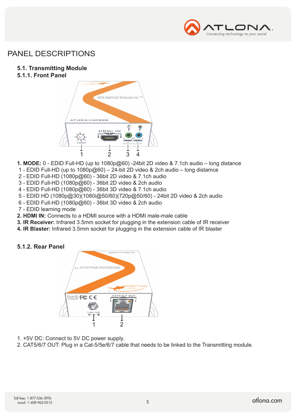 Panel descriptions | Atlona AT HD4 V40SRS V2 User Manual | Page 5 / 14