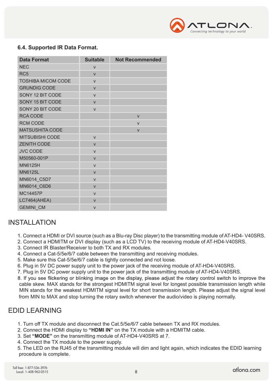 Installation, Edid learning | Atlona AT HD4 V40SRS V2 User Manual | Page 8 / 14