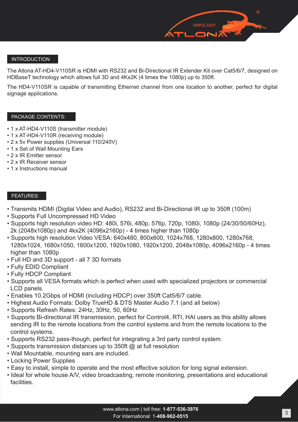 Atlona AT HD4 V110SR User Manual | Page 3 / 9