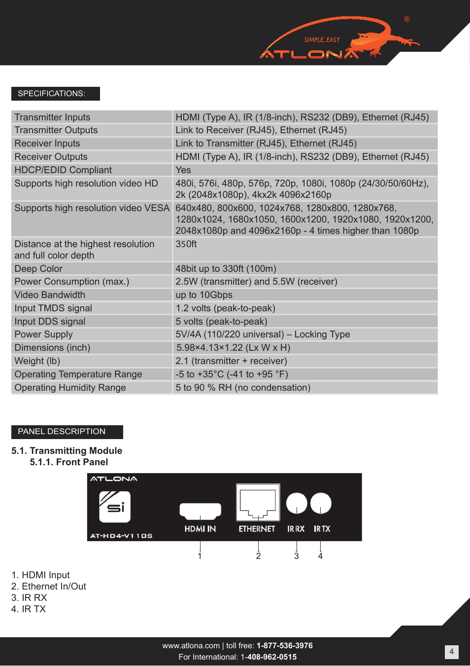 Atlona AT HD4 V110SR User Manual | Page 4 / 9