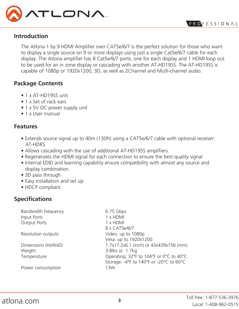 Introduction, Package contents features, Specifications | Atlona AT HD19SS V2 User Manual | Page 3 / 8