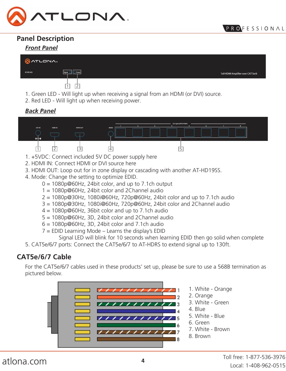 Panel description, Cat5e/6/7 cable | Atlona AT HD19SS V2 User Manual | Page 4 / 8