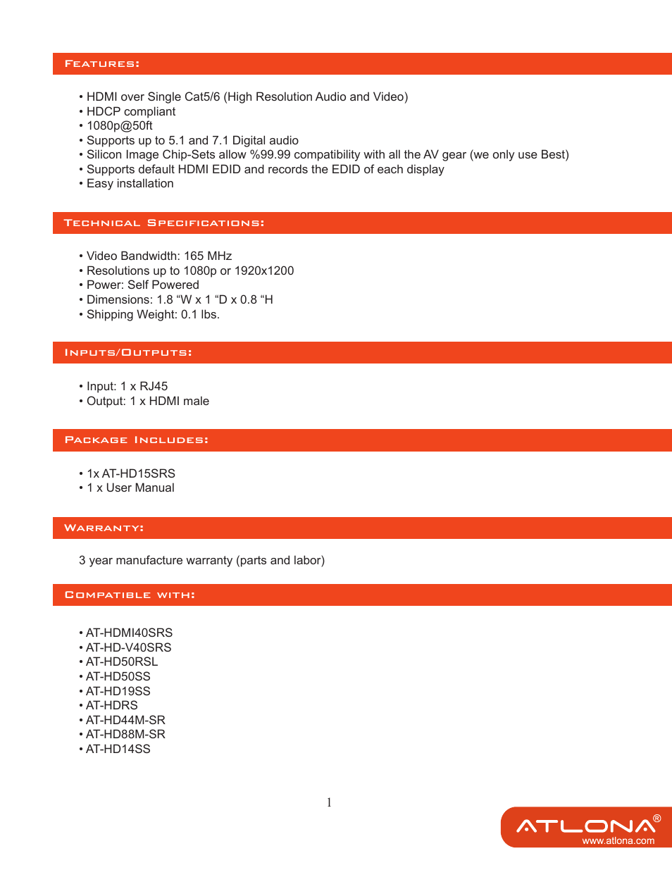 Atlona AT HD15SRS User Manual | Page 2 / 6
