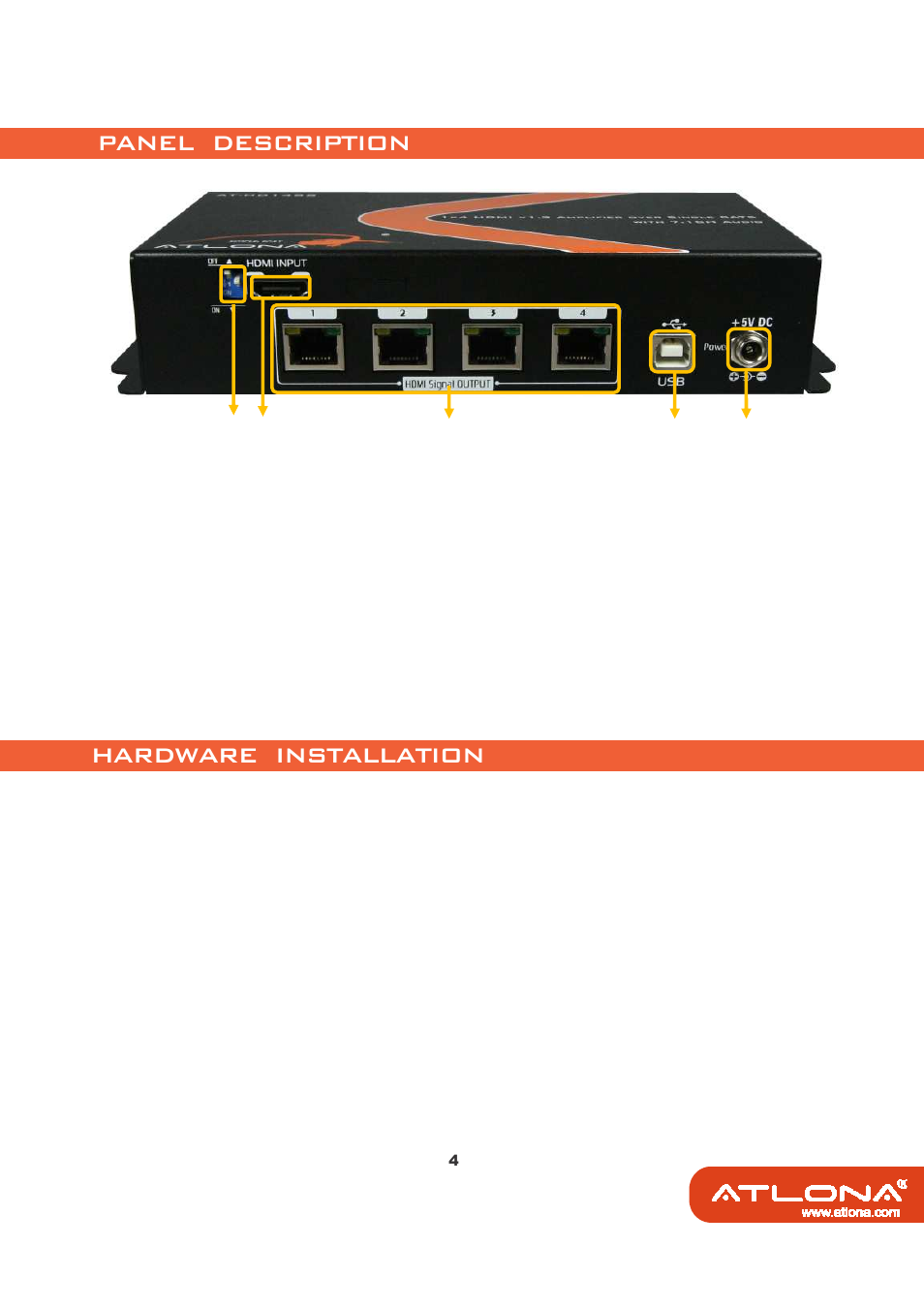 Panel description, Hardware installation | Atlona AT HD14SS User Manual | Page 6 / 12