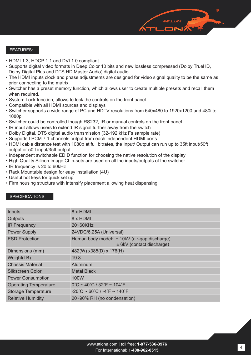 Atlona AT HD V88M User Manual | Page 4 / 16