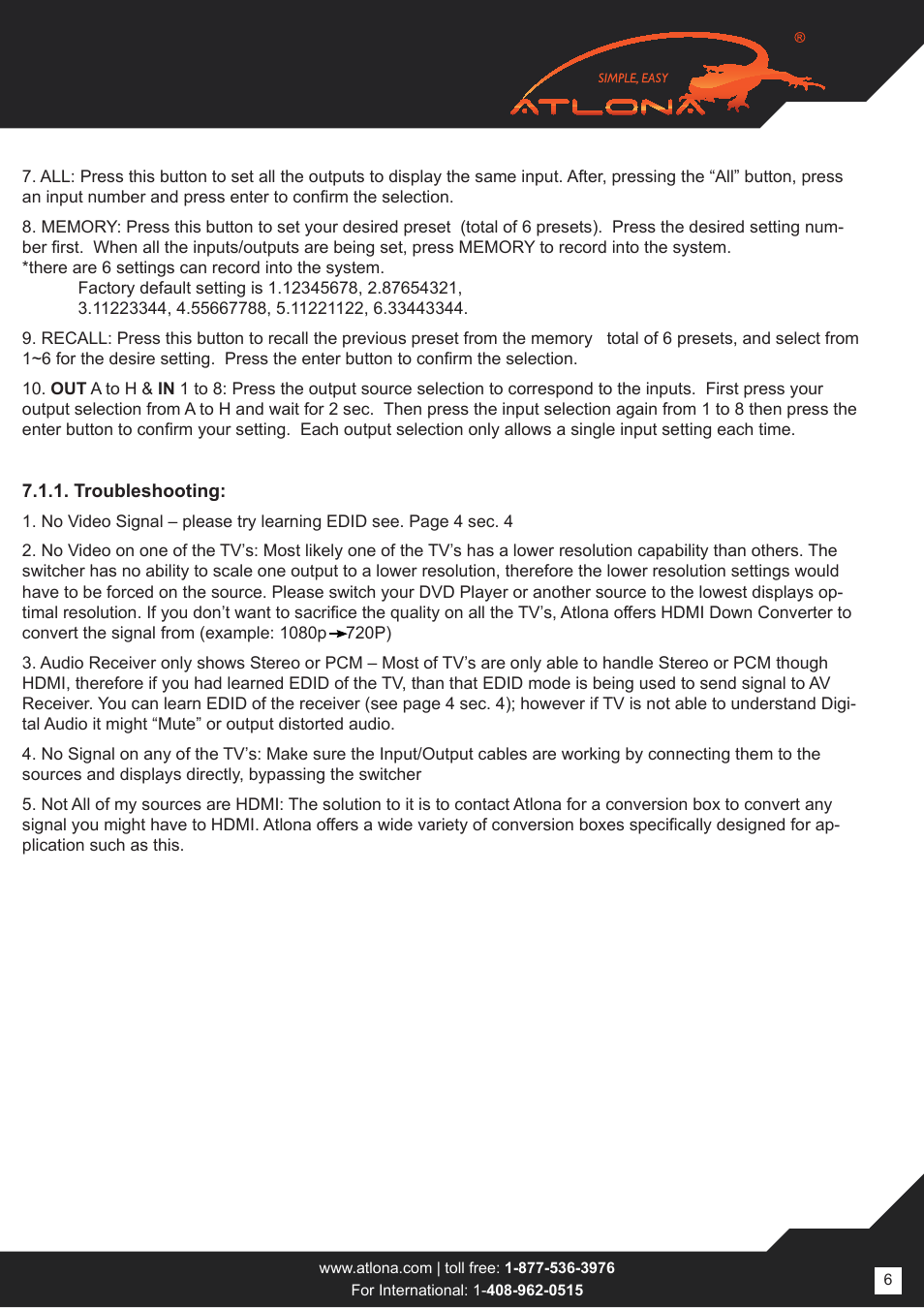 Atlona AT HD V88M User Manual | Page 6 / 16