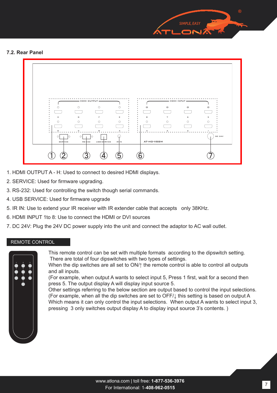 Remote control | Atlona AT HD V88M User Manual | Page 7 / 16