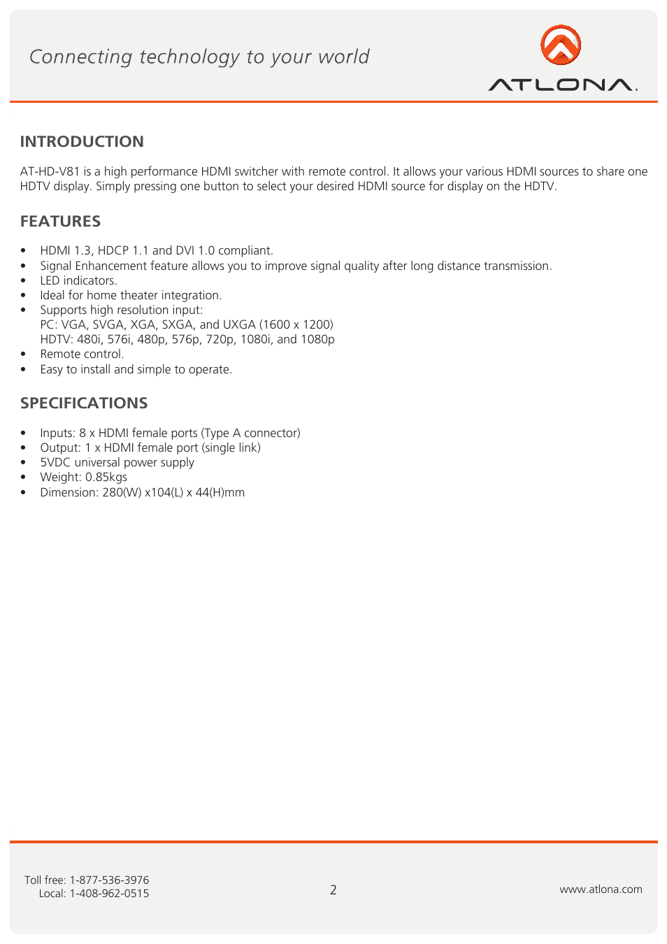 Introduction features specifications | Atlona AT HD V81 User Manual | Page 3 / 9