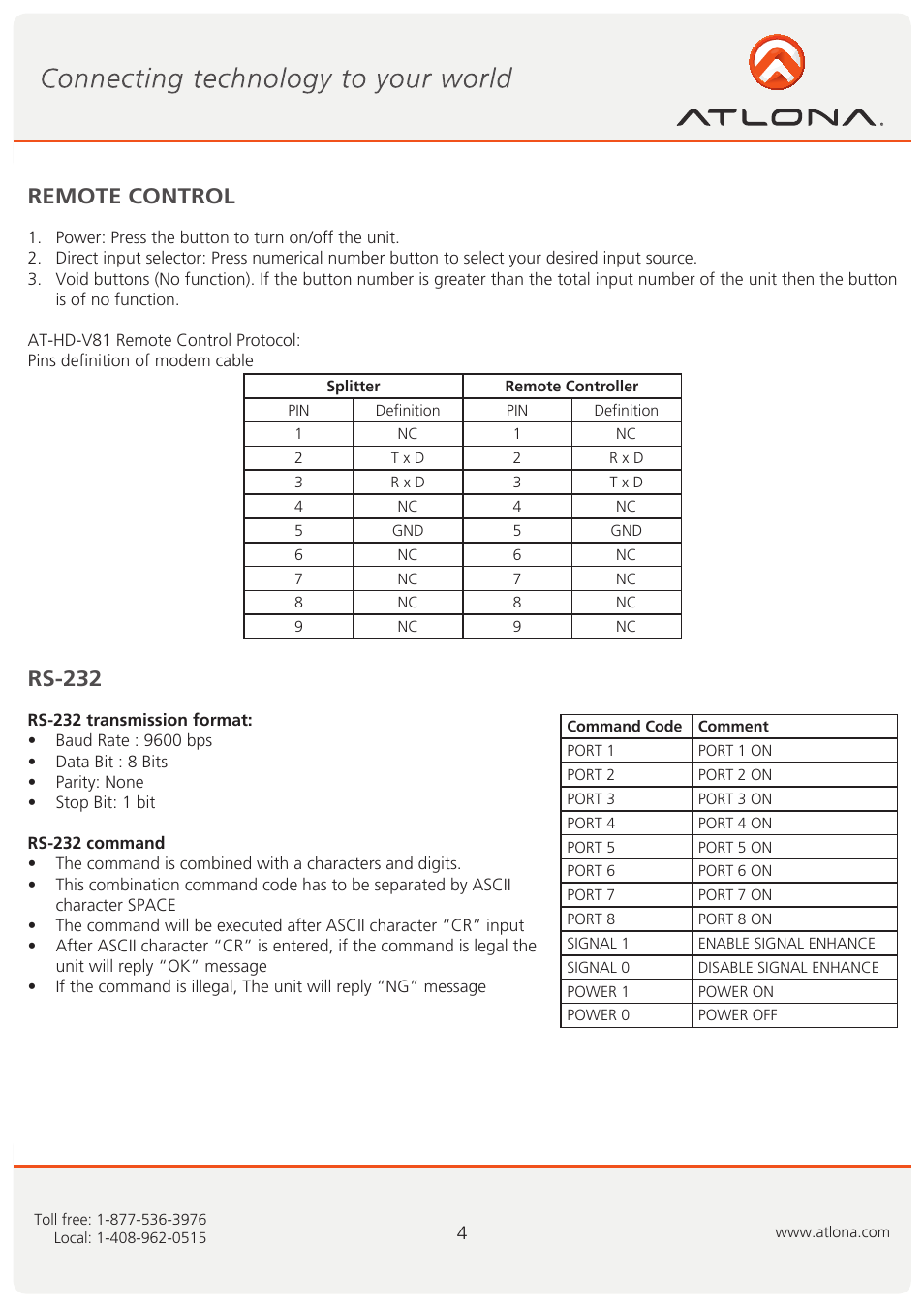 Remote control rs-232 | Atlona AT HD V81 User Manual | Page 5 / 9