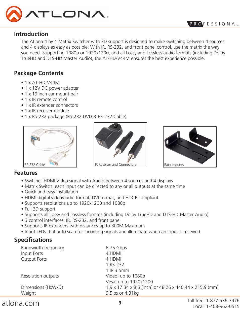 Introduction, Package contents features, Specifications | Atlona AT HD V44M V3 User Manual | Page 3 / 9