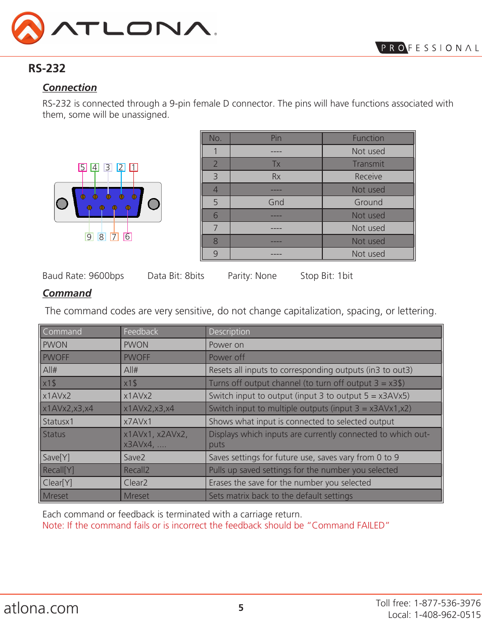 Rs-232 | Atlona AT HD V44M V3 User Manual | Page 5 / 9