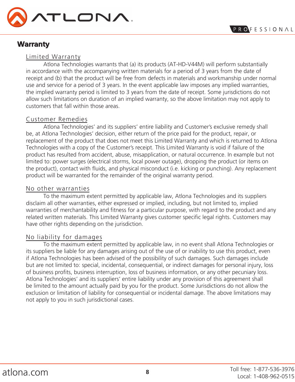 Warranty | Atlona AT HD V44M V3 User Manual | Page 8 / 9