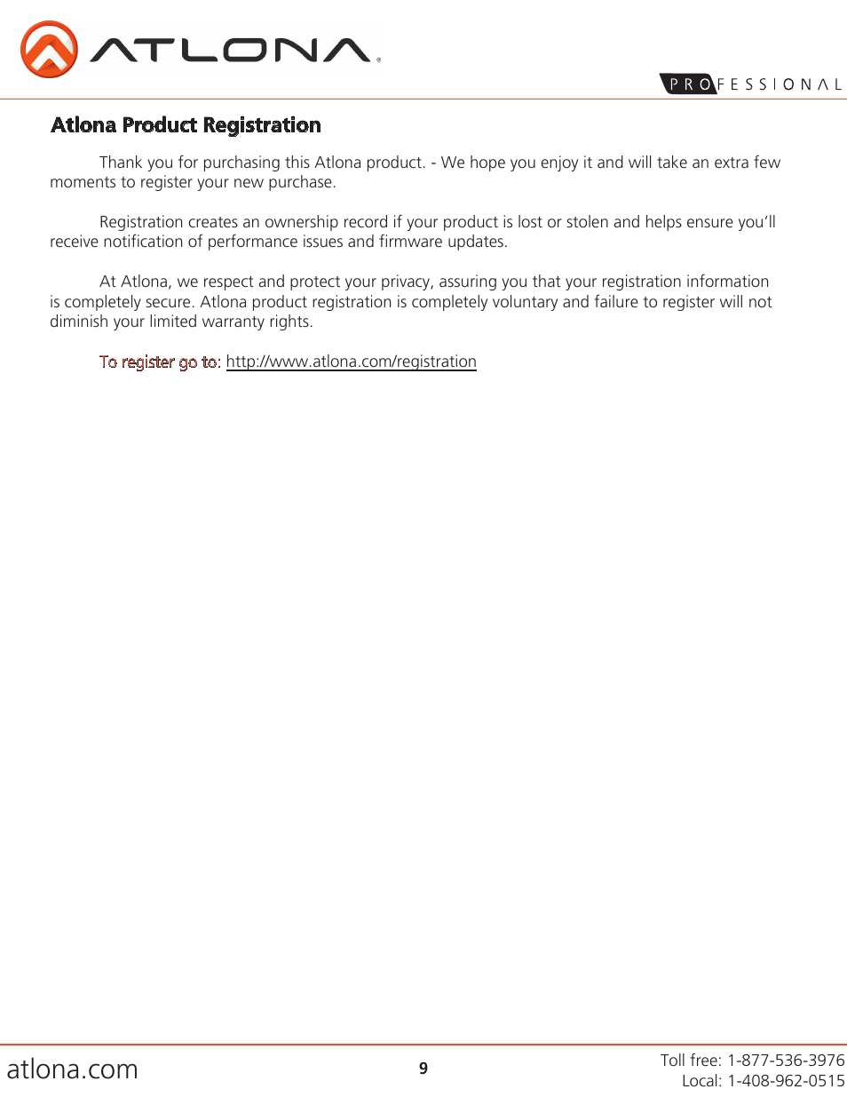 Atlona product registration | Atlona AT HD V44M V3 User Manual | Page 9 / 9