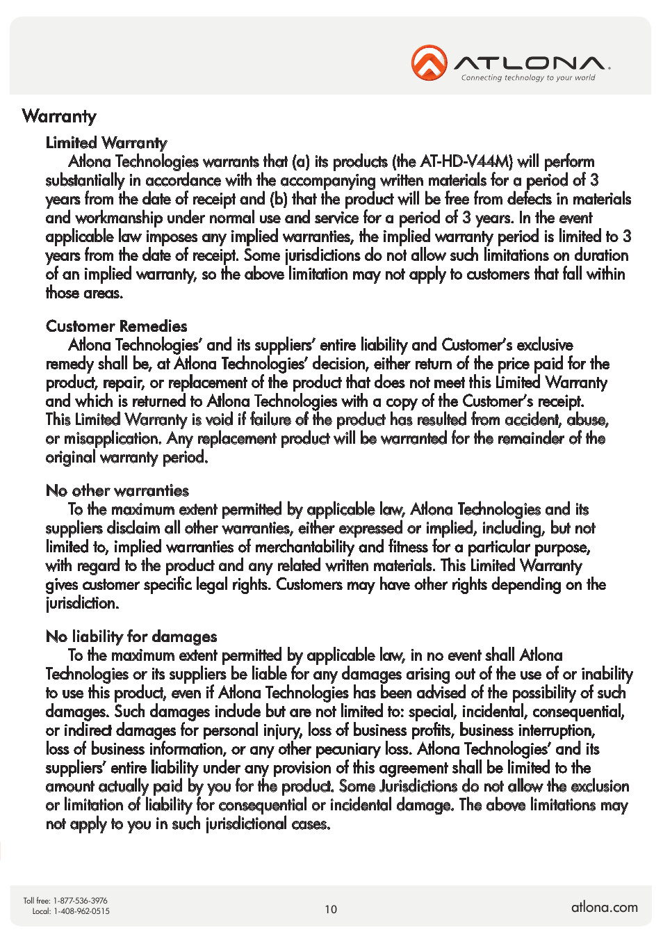 Warranty | Atlona AT HD V44M V2 User Manual | Page 10 / 11
