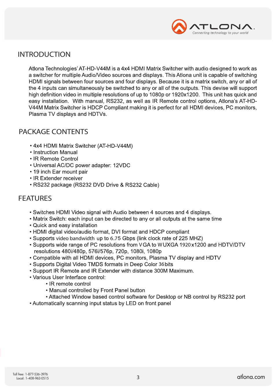 Package contents, Introduction, Features | Atlona AT HD V44M V2 User Manual | Page 3 / 11