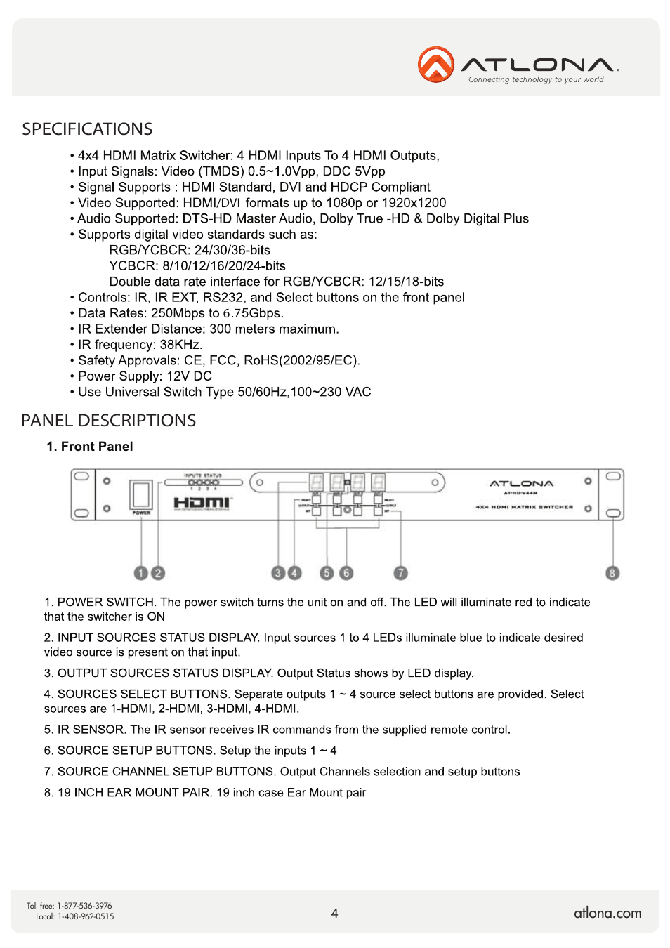 Panel descriptions, Specifications | Atlona AT HD V44M V2 User Manual | Page 4 / 11