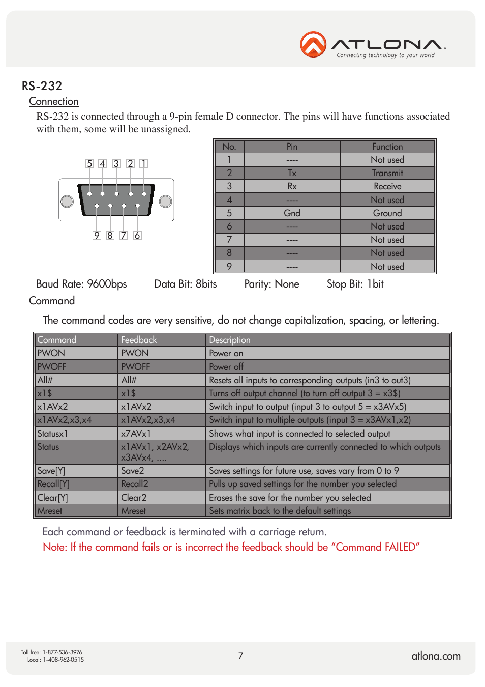 Rs-232 | Atlona AT HD V44M V2 User Manual | Page 7 / 11