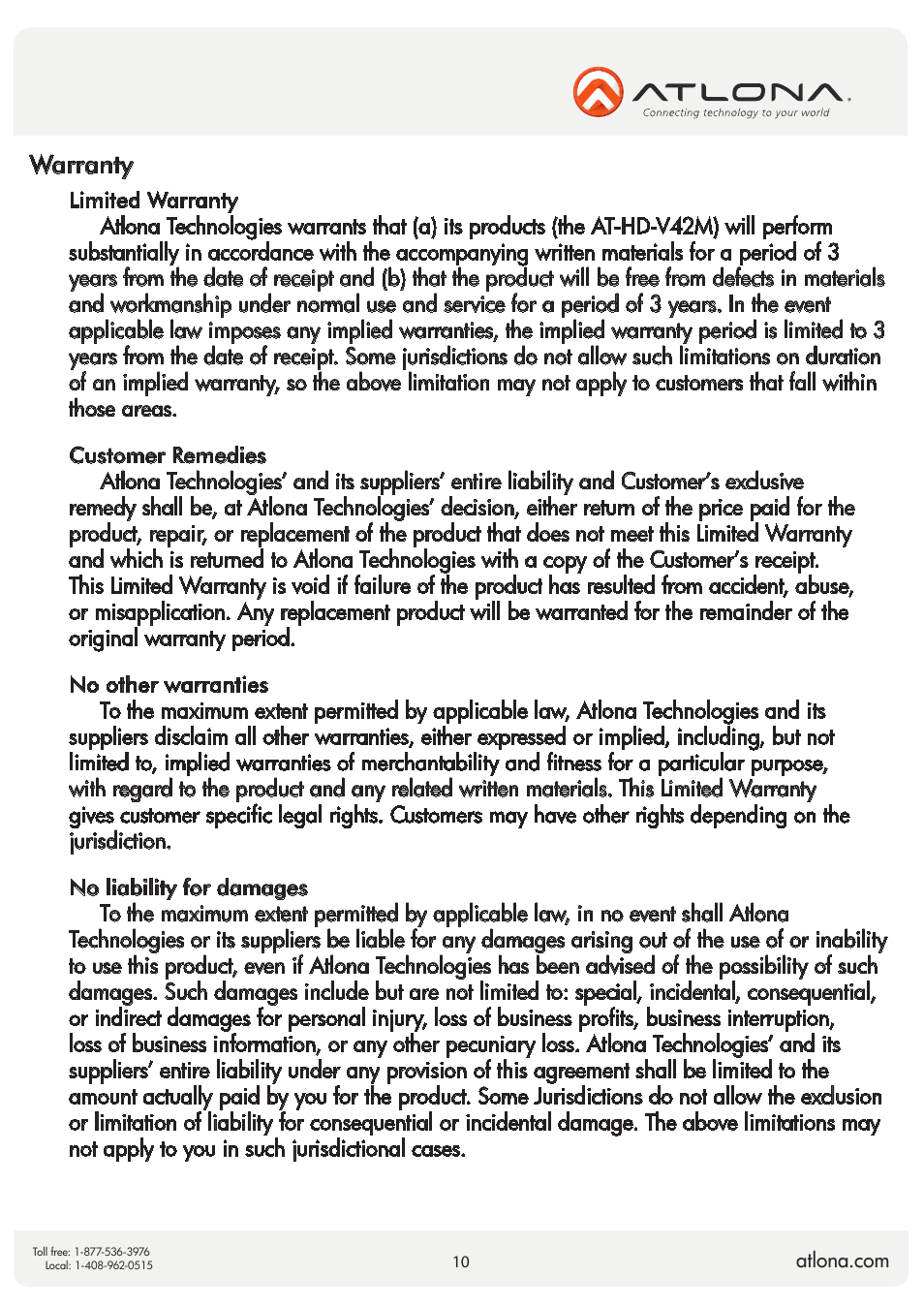 Warranty | Atlona AT HD V42M V2 User Manual | Page 10 / 11