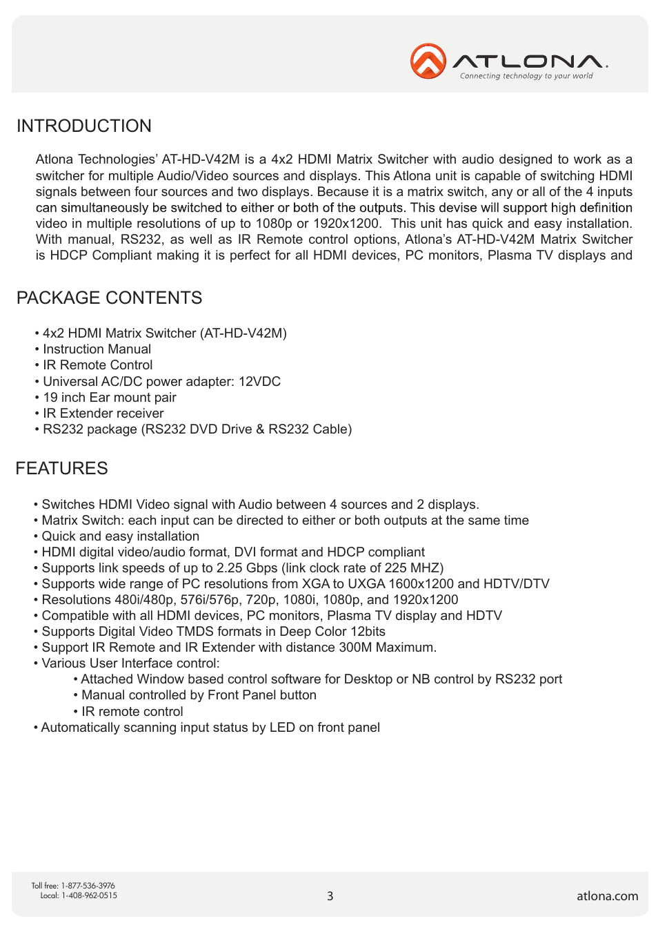 Introduction, Package contents, Features | Atlona AT HD V42M V2 User Manual | Page 3 / 11