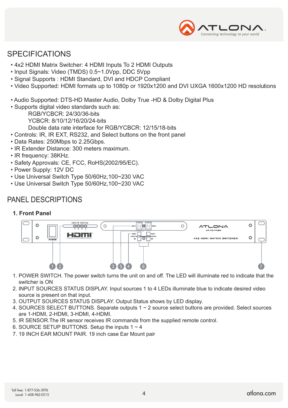Panel descriptions, Specifications | Atlona AT HD V42M V2 User Manual | Page 4 / 11