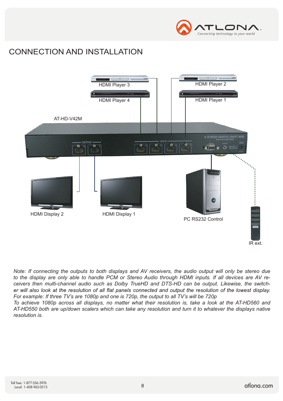 Connection and installation | Atlona AT HD V42M V2 User Manual | Page 8 / 11