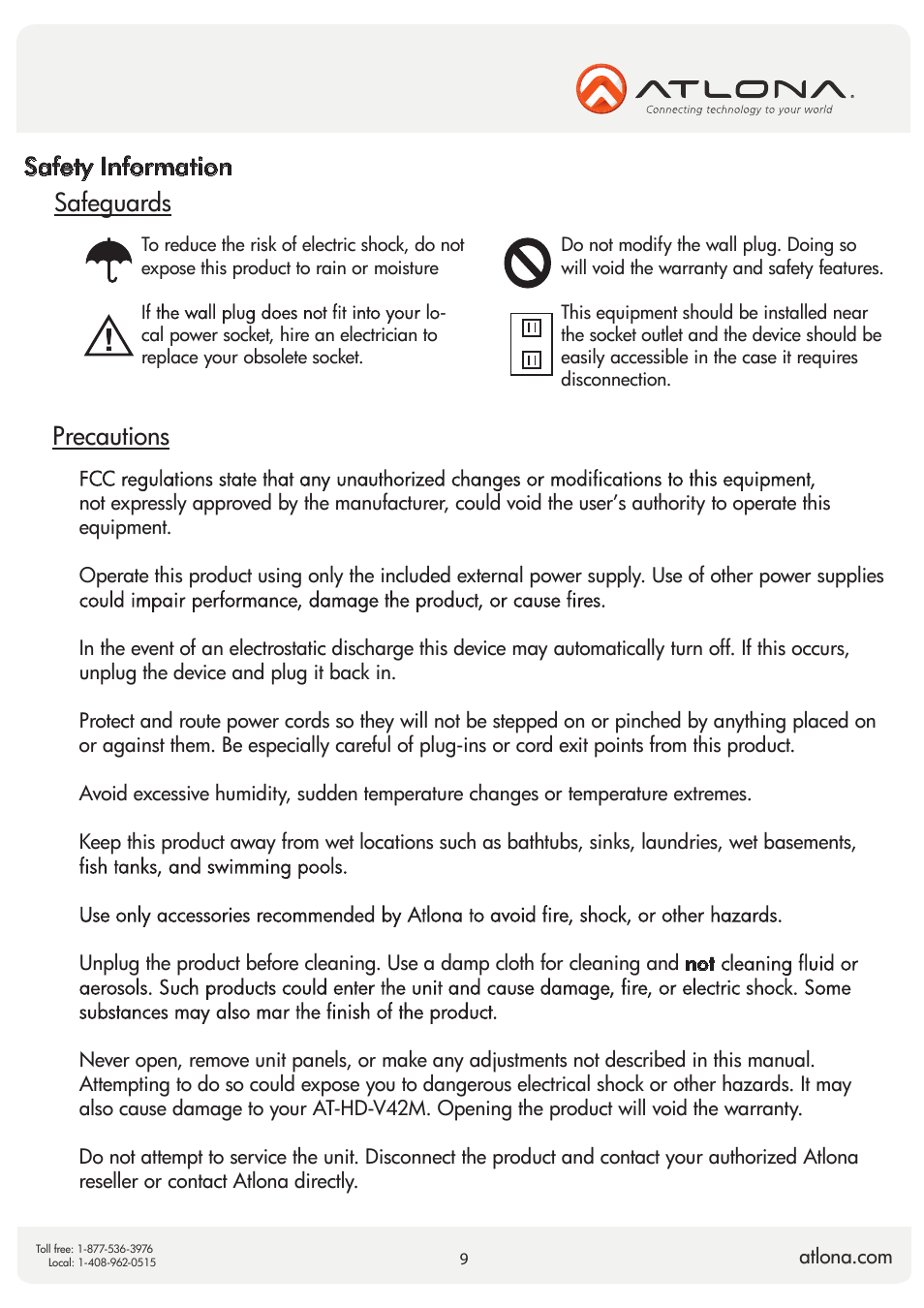 Safety information safeguards, Precautions | Atlona AT HD V42M V2 User Manual | Page 9 / 11
