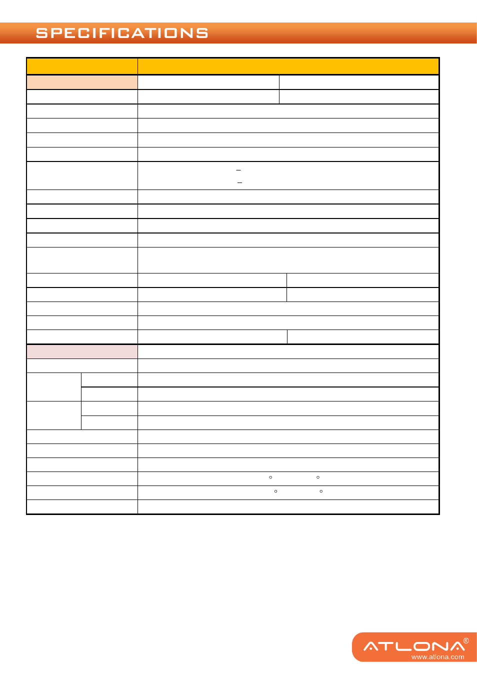Specifications, Model name at-hd-v40srs | Atlona AT HD V40SRS User Manual | Page 4 / 12