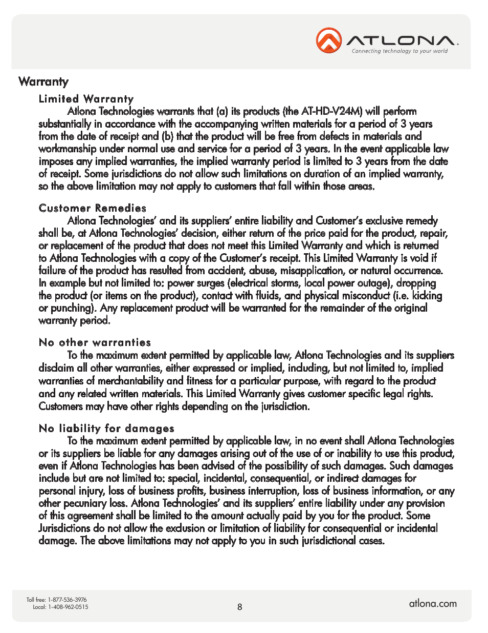 Warranty | Atlona AT HD V24M V2 User Manual | Page 10 / 11