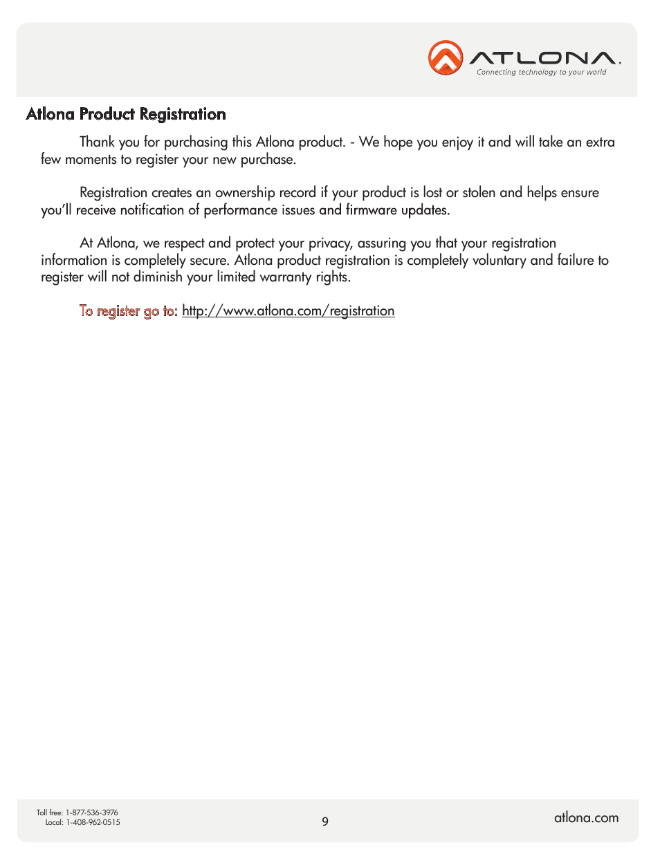 Atlona product registration | Atlona AT HD V24M V2 User Manual | Page 11 / 11