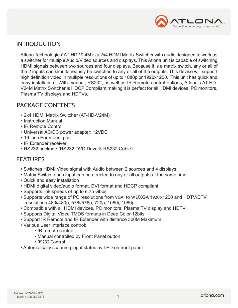 Package contents, Features, Introduction | Atlona AT HD V24M V2 User Manual | Page 3 / 11