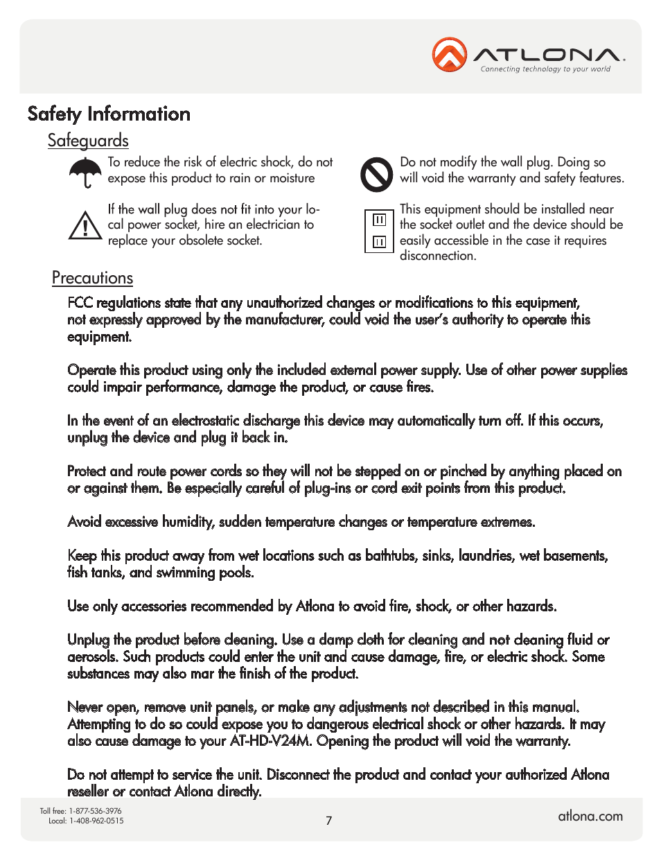 Safety information, Safeguards, Precautions | Atlona AT HD V24M V2 User Manual | Page 9 / 11