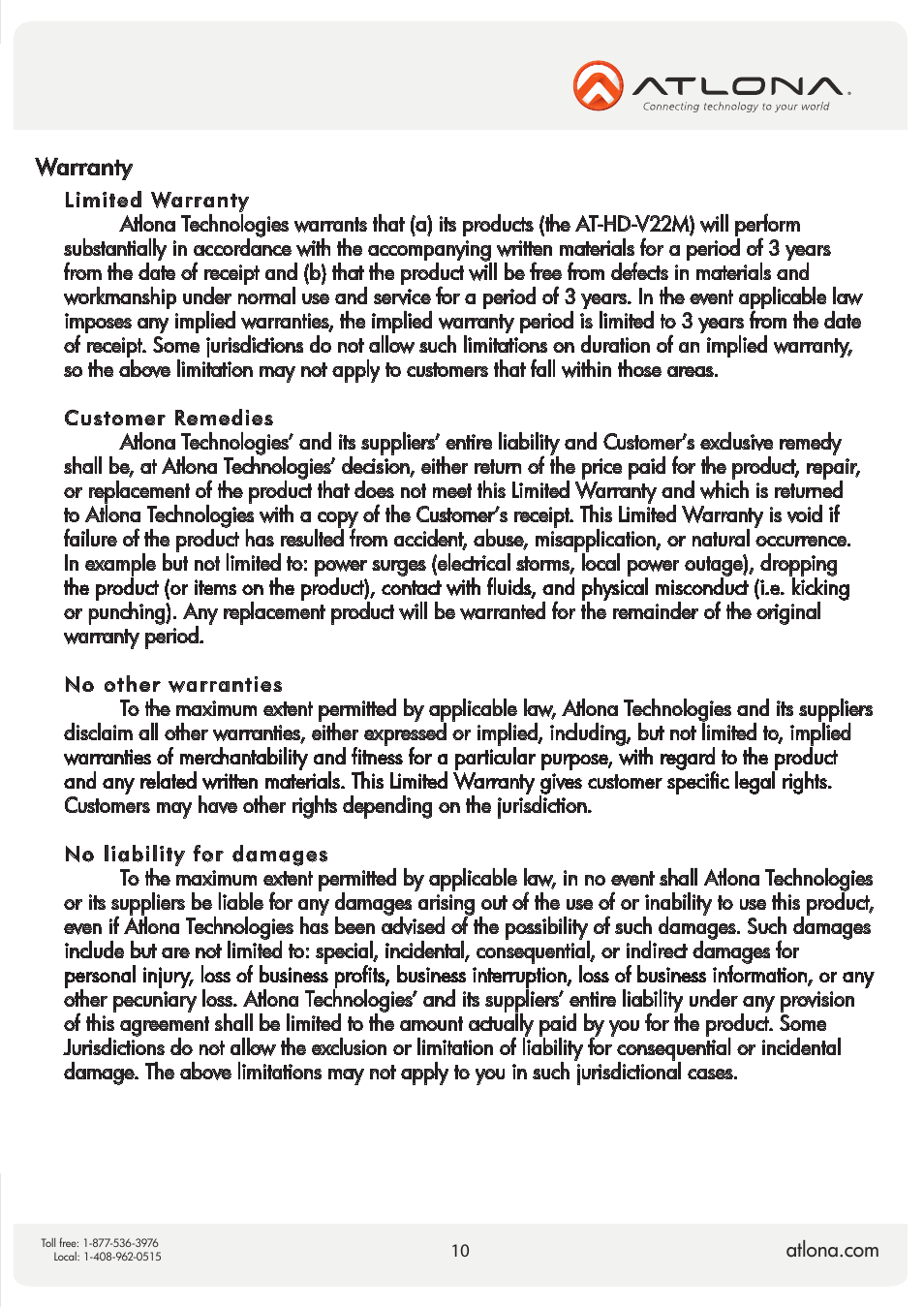 Warranty | Atlona AT HD V22M V2 User Manual | Page 10 / 11