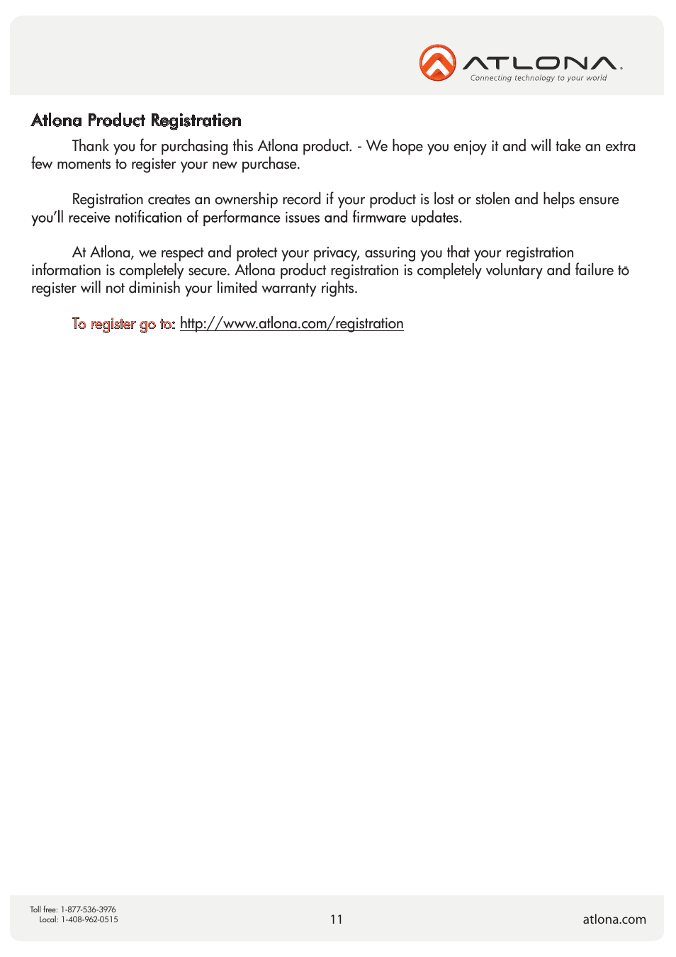 Atlona product registration | Atlona AT HD V22M V2 User Manual | Page 11 / 11
