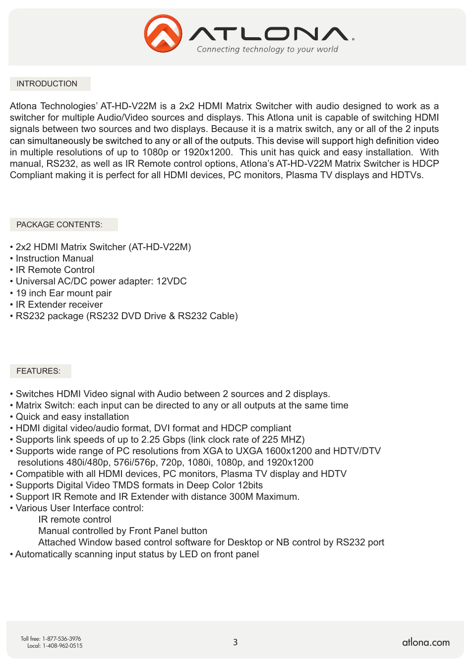 Atlona AT HD V22M V2 User Manual | Page 3 / 11