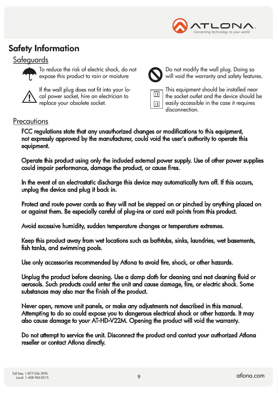 Safety information, Safeguards precautions | Atlona AT HD V22M V2 User Manual | Page 9 / 11