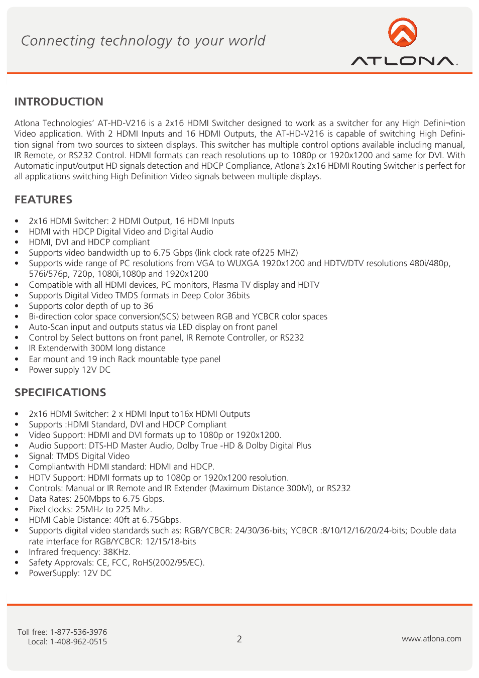 Introduction features specifications | Atlona AT HD V216 User Manual | Page 3 / 11
