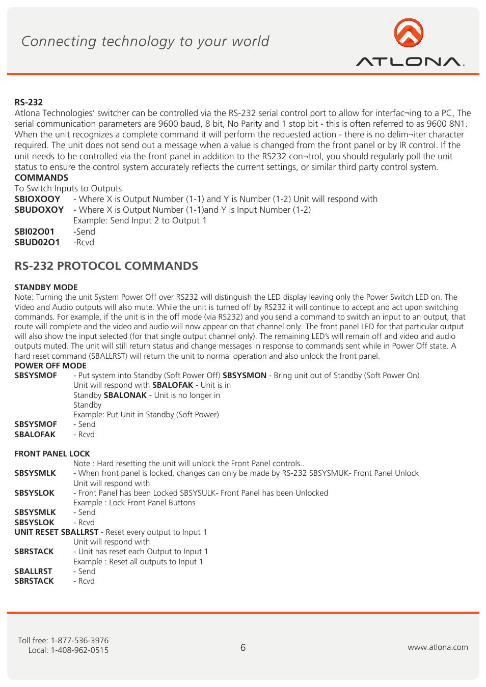 Rs-232 protocol commands | Atlona AT HD V216 User Manual | Page 7 / 11