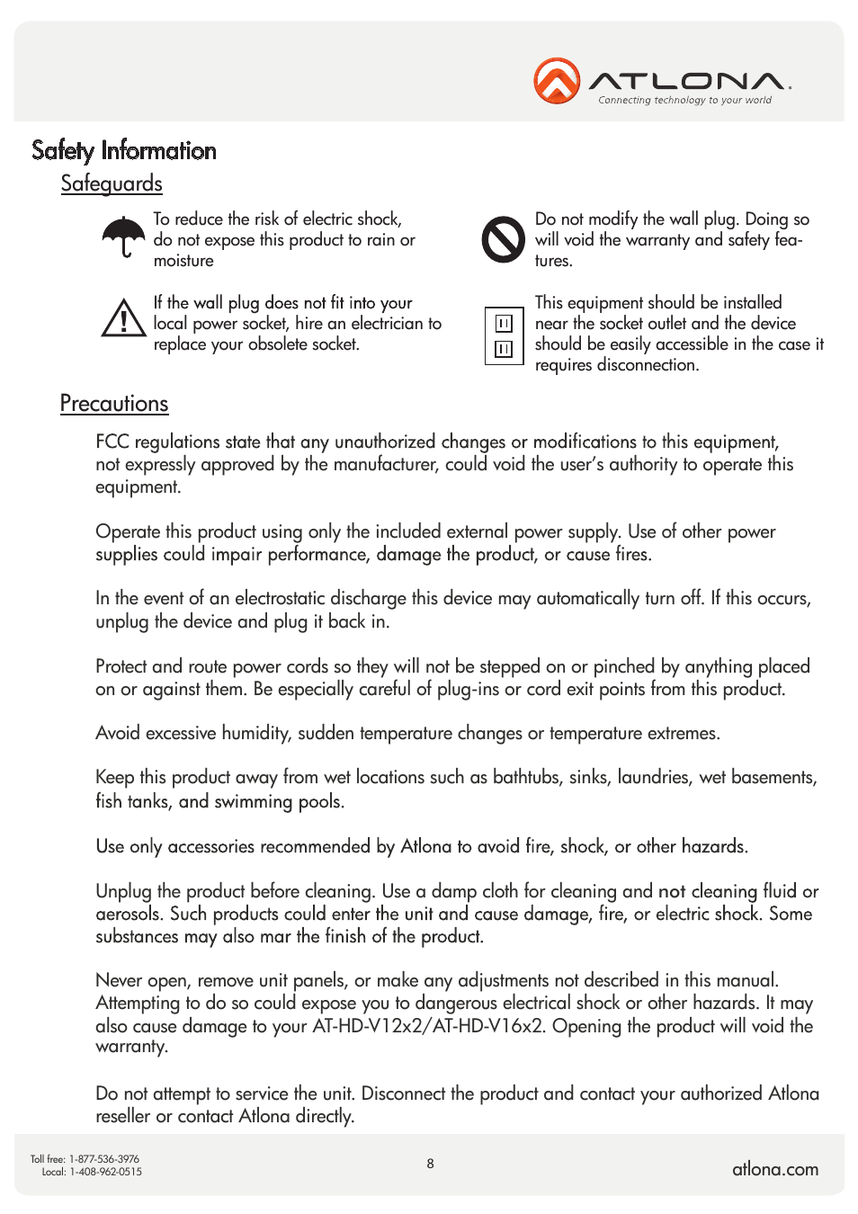 Safety information, Precautions, Safeguards | Atlona AT HD V16x2 User Manual | Page 8 / 10