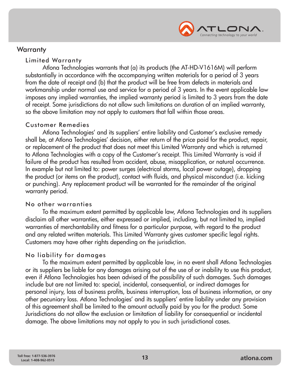 Atlona AT HD V1616M V2 User Manual | Page 13 / 14