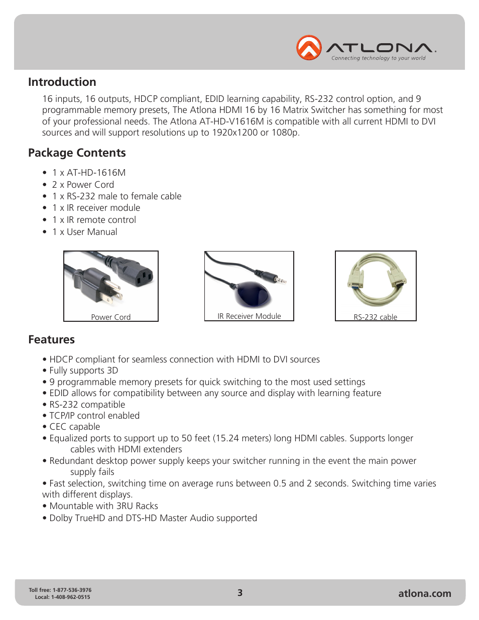 Features introduction package contents | Atlona AT HD V1616M V2 User Manual | Page 3 / 14