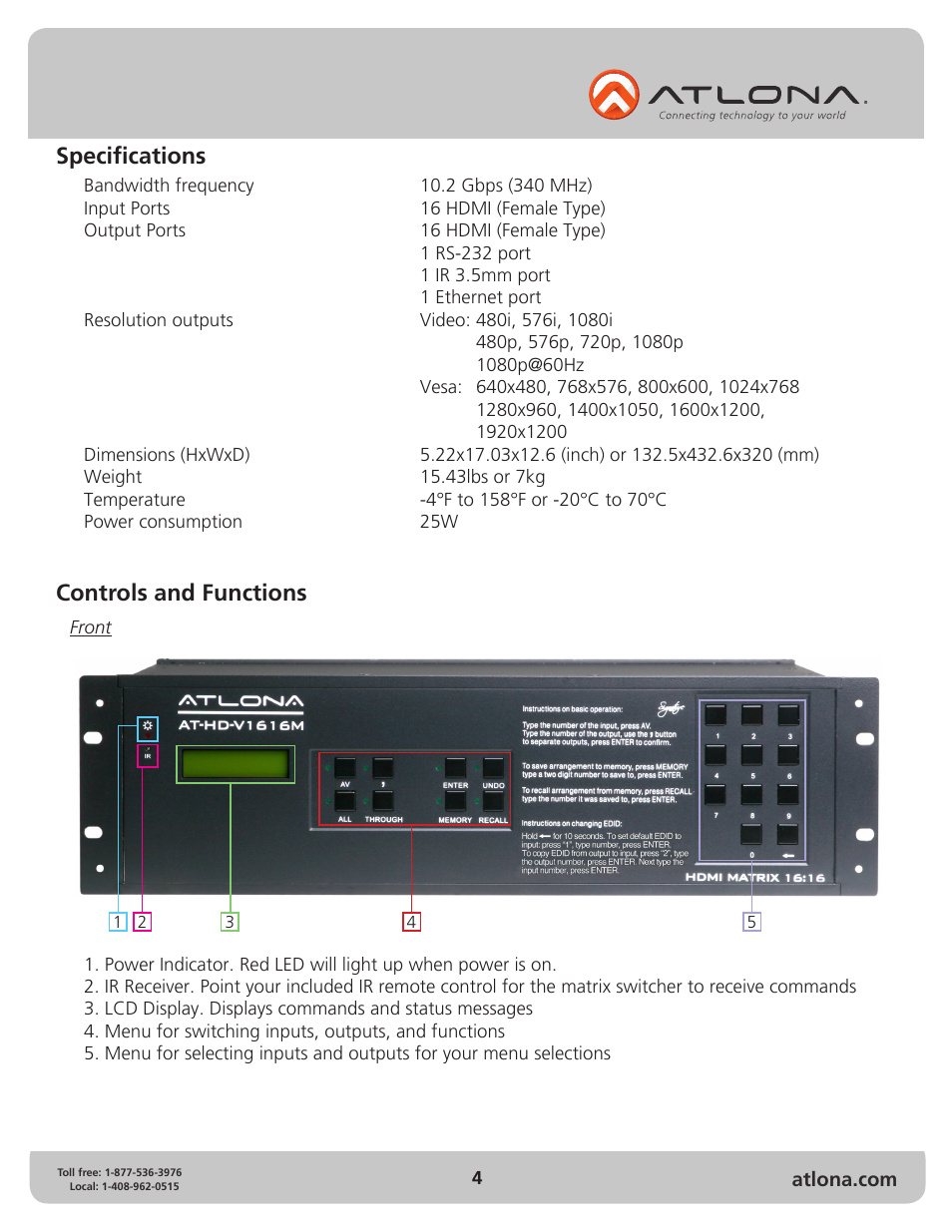 Specifications, Controls and functions | Atlona AT HD V1616M V2 User Manual | Page 4 / 14