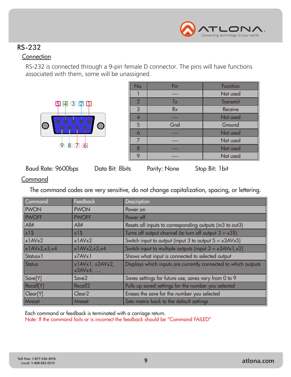 Rs-232 | Atlona AT HD V1616M V2 User Manual | Page 9 / 14
