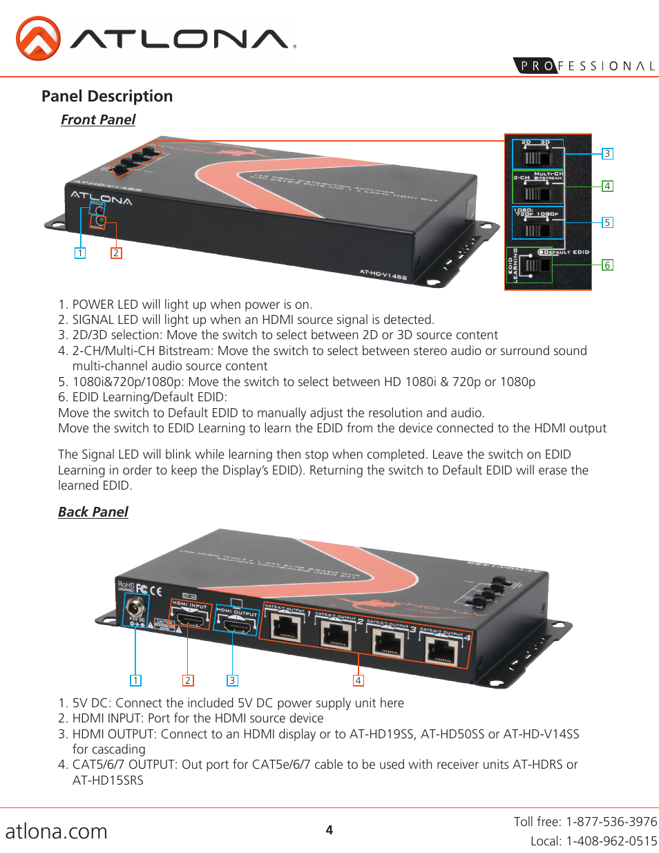 Panel description | Atlona AT HD V14SS V2 User Manual | Page 4 / 8