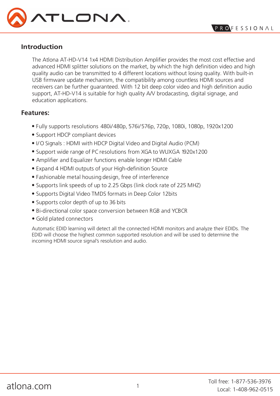 Atlona AT HD V14 User Manual | Page 3 / 9