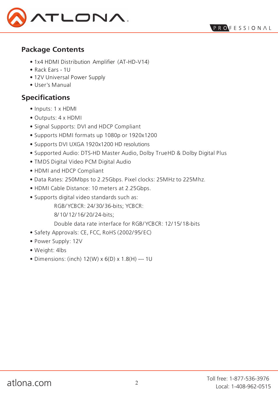 Specifications package contents | Atlona AT HD V14 User Manual | Page 4 / 9