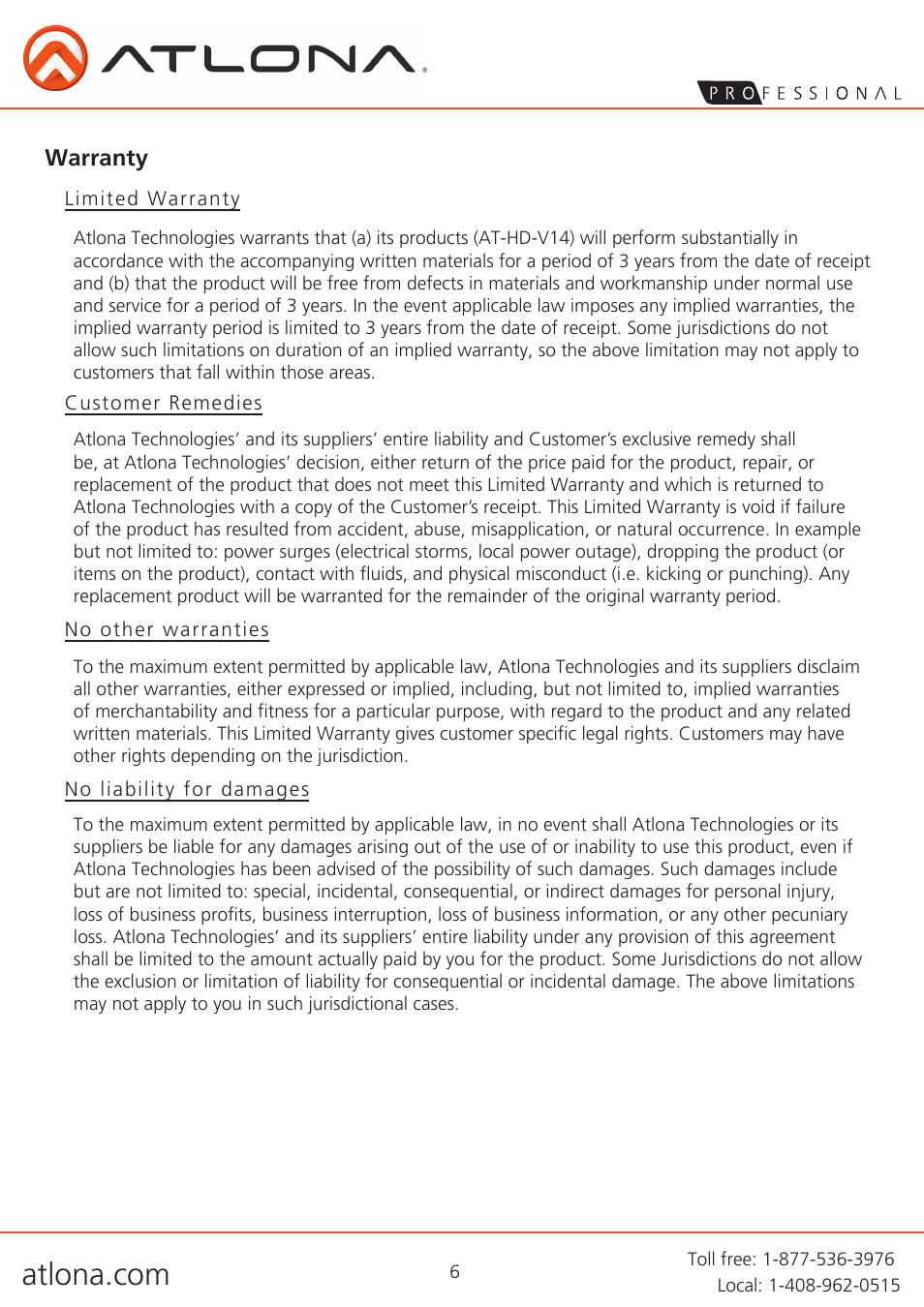 Atlona AT HD V14 User Manual | Page 8 / 9