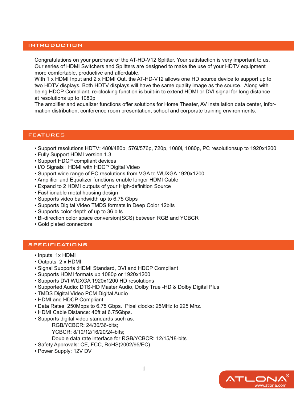 Atlona AT HD V12 User Manual | Page 3 / 9