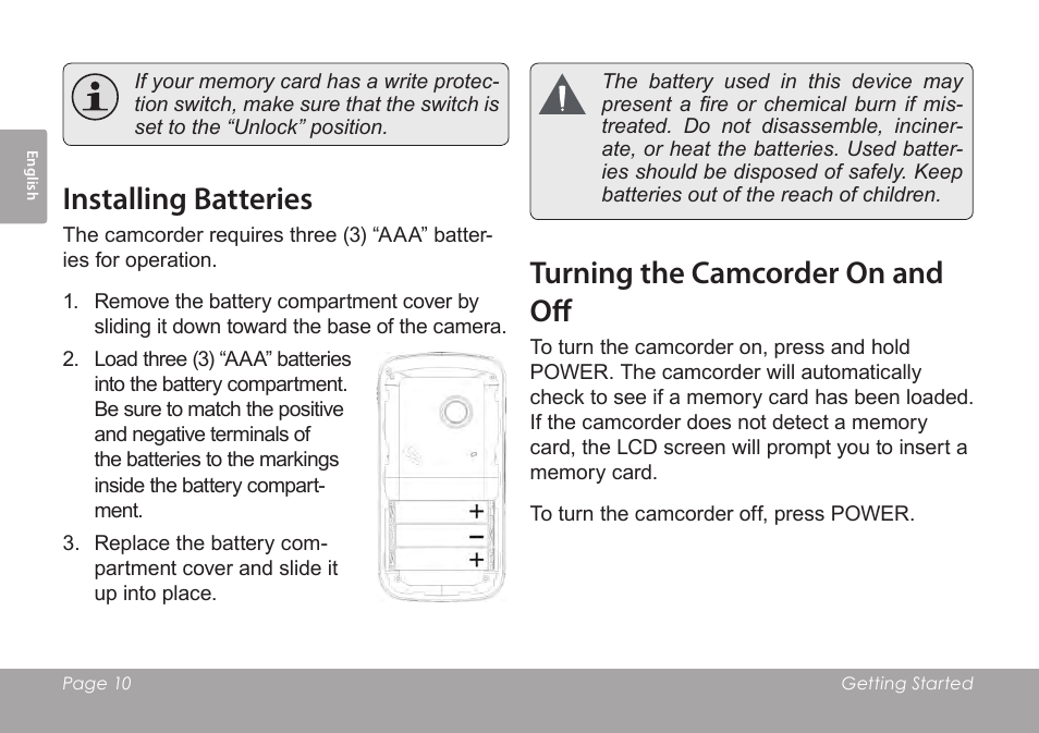 Installing batteries, Turning the camcorder on and off | COBY SNAPP CAM3005 User Manual | Page 10 / 180