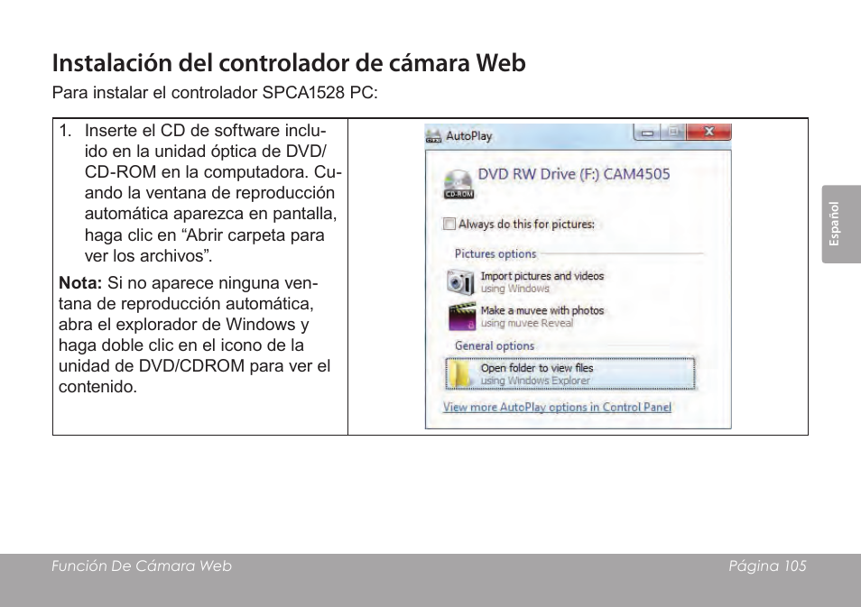 Instalación del controlador de cámara web | COBY SNAPP CAM3005 User Manual | Page 105 / 180