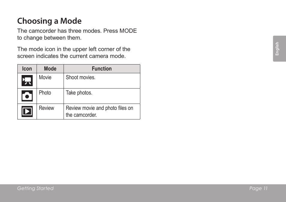Choosing a mode | COBY SNAPP CAM3005 User Manual | Page 11 / 180